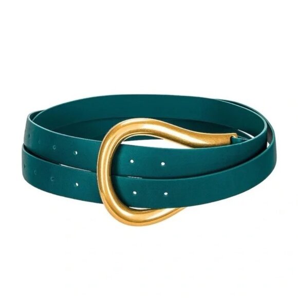 Bottega Veneta Teal Turquoise Gold Horsebit Loop French Leather Wide Waist Belt - Picture 1 of 12
